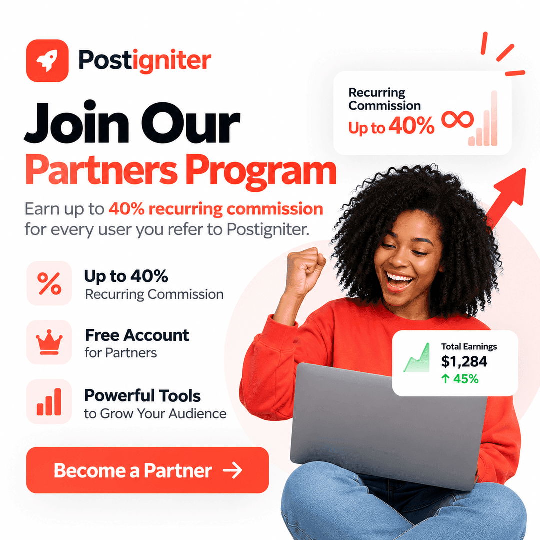 Join the Postigniter Partners Program — earn up to 40% recurring commission